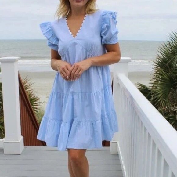 Simply Southern S Ruffle Sleeve Tiered Babydoll Mini Dress Blue 100% Cotton - Picture 1 of 13
